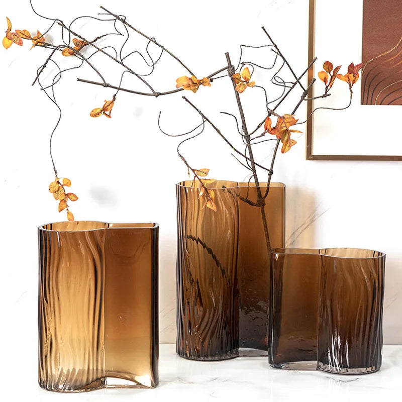 vase verre moderne marron rayures ondulées table fleurs séchées hydroponie ornement