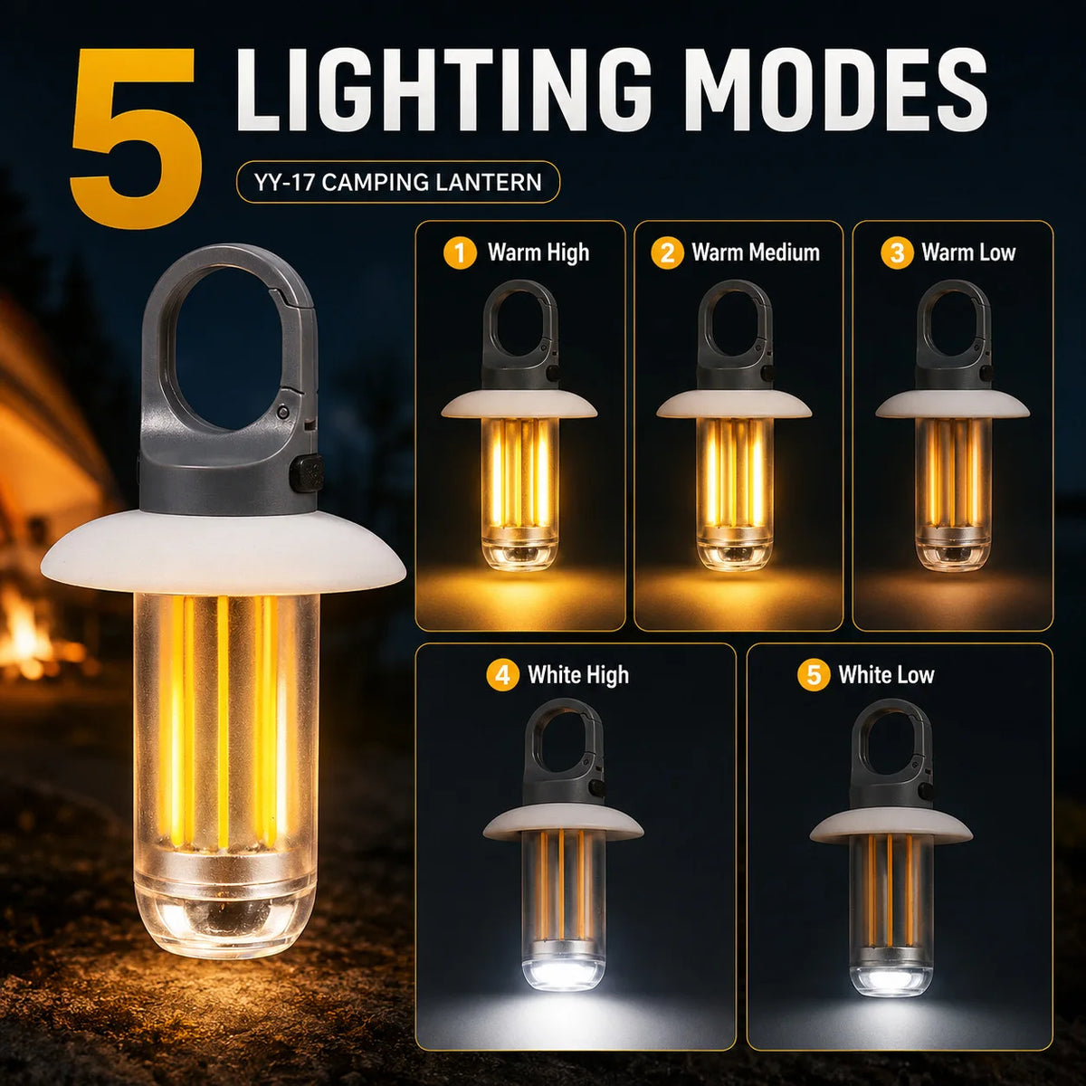 lanterne camping rechargeable transparente moderne gris jaune doré modes étanche crochet intégré