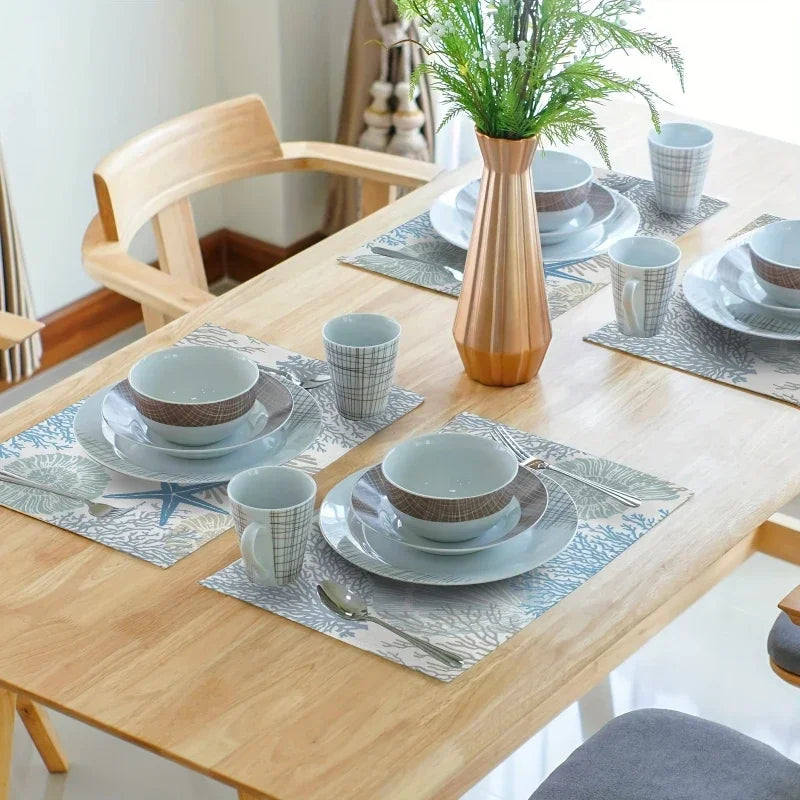 serviettes table modernes abstraites bleu gris beige doré marbré corail étoiles mer lin opaques