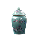 pot thé céramique artisanal fleurs oiseaux peintes main vert clair traditionnel couvercleDecorationMaisonVaseFleurs