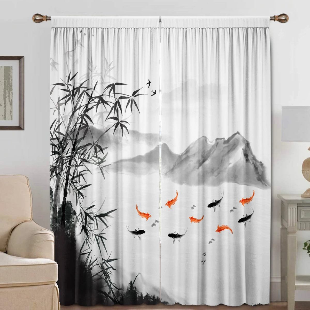 rideaux japonais motifs bambou montagne zen opaque transparent 75x166cm polyester tubulaire
