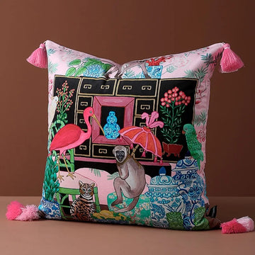 coussin boho chic imprimé flamants roses oiseaux plantes pompons rose vert bleu noir