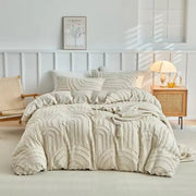 housse couette texture texturée franges beige clair taies oreillers bohème rustique scandinave polyester doux