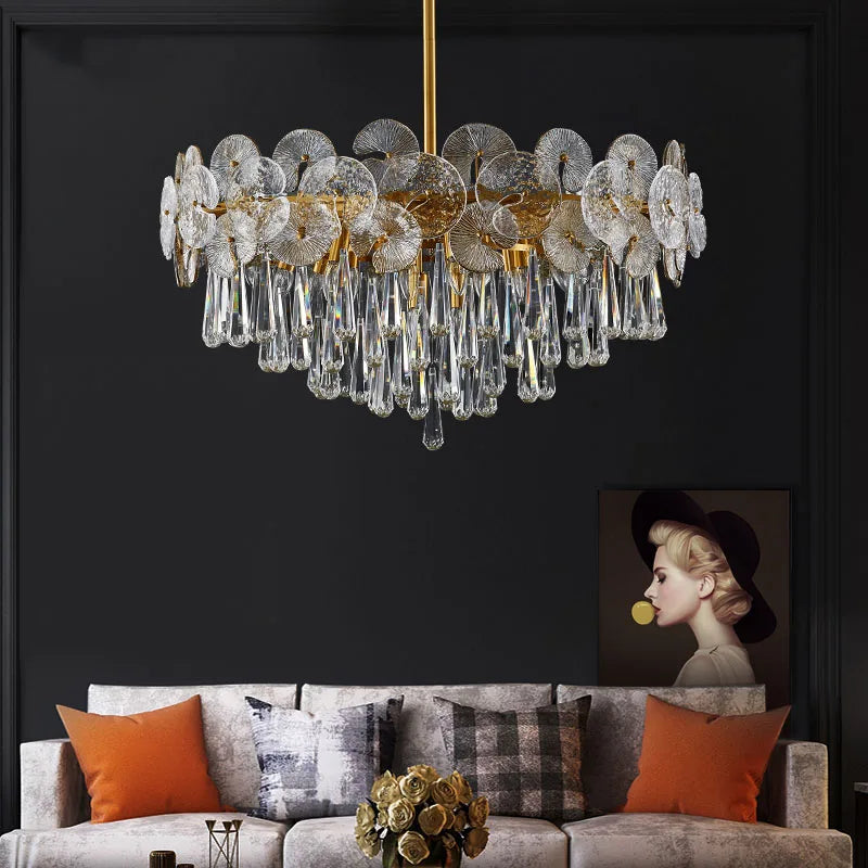 Suspension lumineuse moderne cristal doré transparent salon chambre 2000 82000 lumens