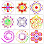 stencils mandala motifs floraux géométriques abstraits peinture mur carreaux bois tissu blanc bleu multicolore