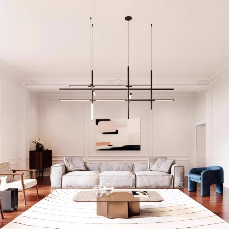 lustre moderne suspension noir doré lumière chaînes géométrique minimaliste chambre salon
