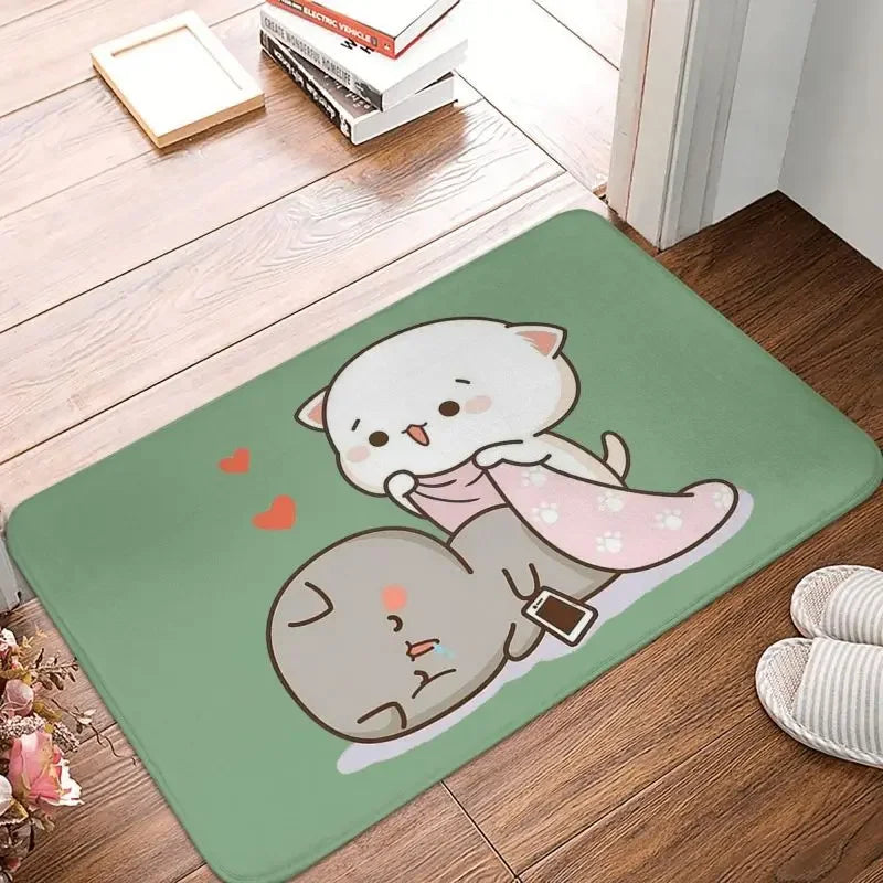 tapis sol moderne motif chat mignon mangeant nouilles rose gris blanc intérieur extérieur