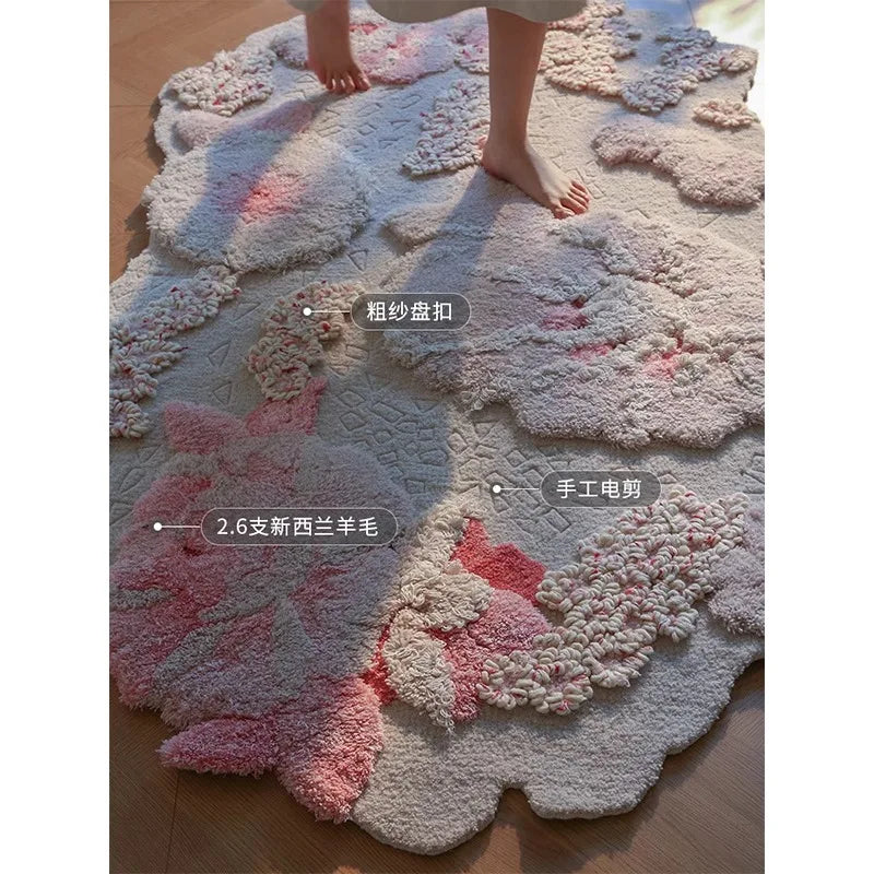 tapis ovale rose motifs floraux texture poilue decoratif maison chambre salon