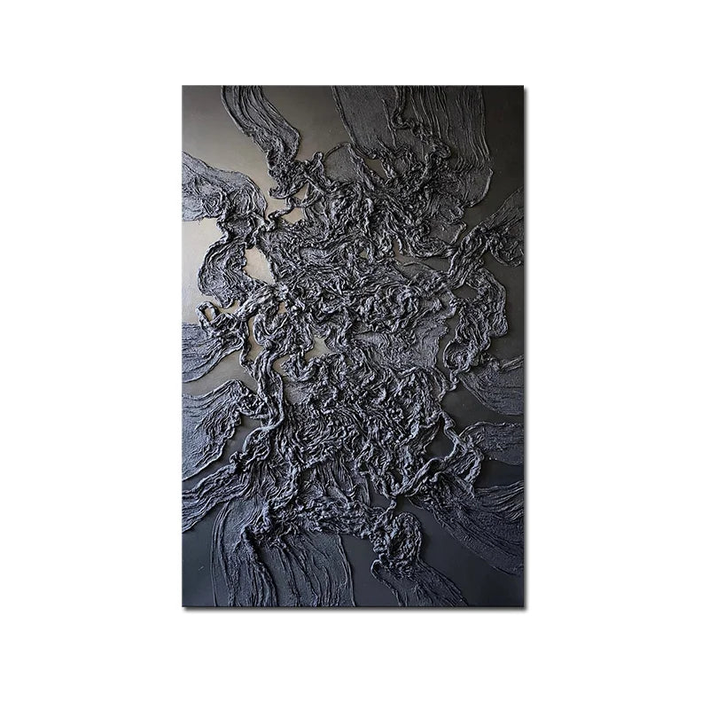 tableau abstrait moderne noir gris lignes ondulées forme fluide contemporain fixé cadre bois haute