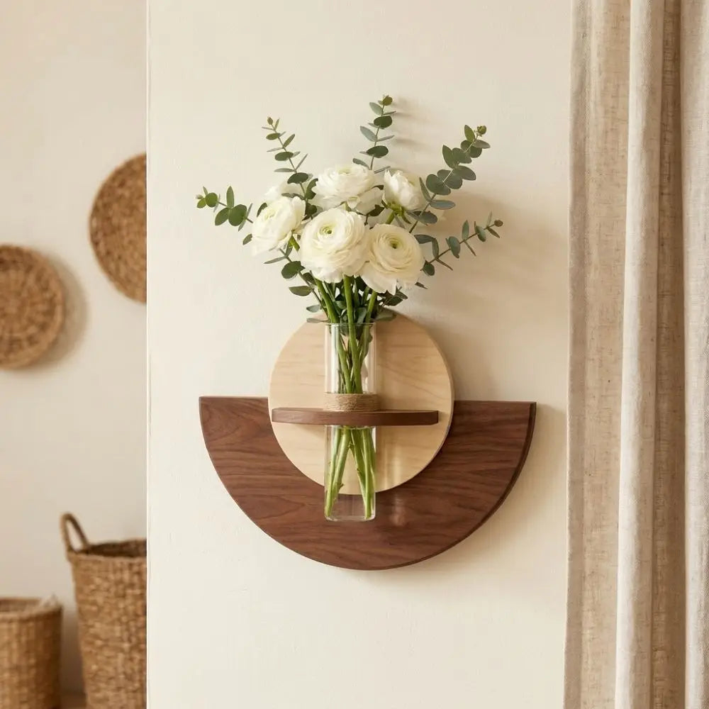 support mural bois vase transparent moderne minimaliste fixations bois clair noyerDecorationBalconGainPlace