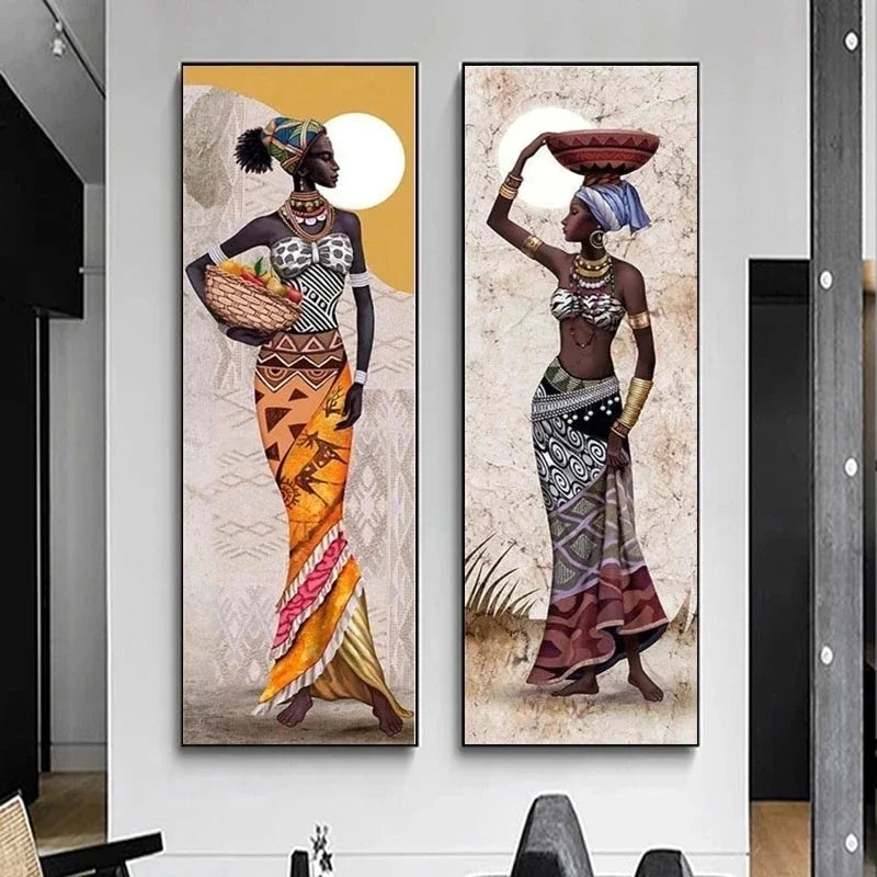 toile d'art contemporain ethnique motifs géométriques orangé noir salon decoration vertical canvas