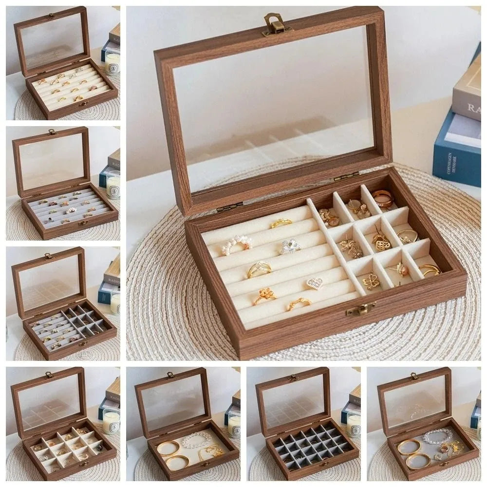 boîte bijoux bois velours transparent moderne antipoussière fixations métal poignées doréesprésentation bijoux