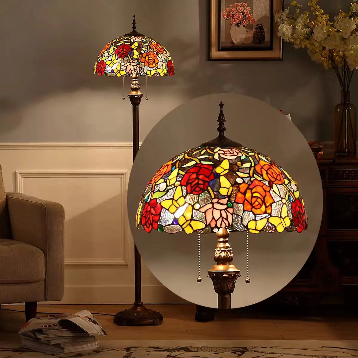 lampe sol tiffany multicolore art nouveau interrupteur pédale base résine hauteur 163cm