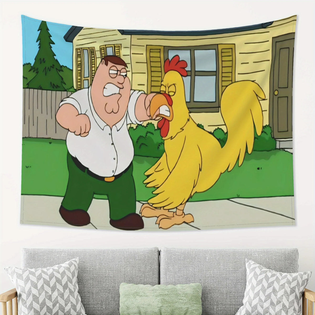 tapisserie dessin animé peter griffin poulet paysage maison durable polyester blanc vert jaune