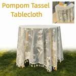 nappe table broderie florale blanc boho chic pompons franges semi transparente vintage dimensionnée