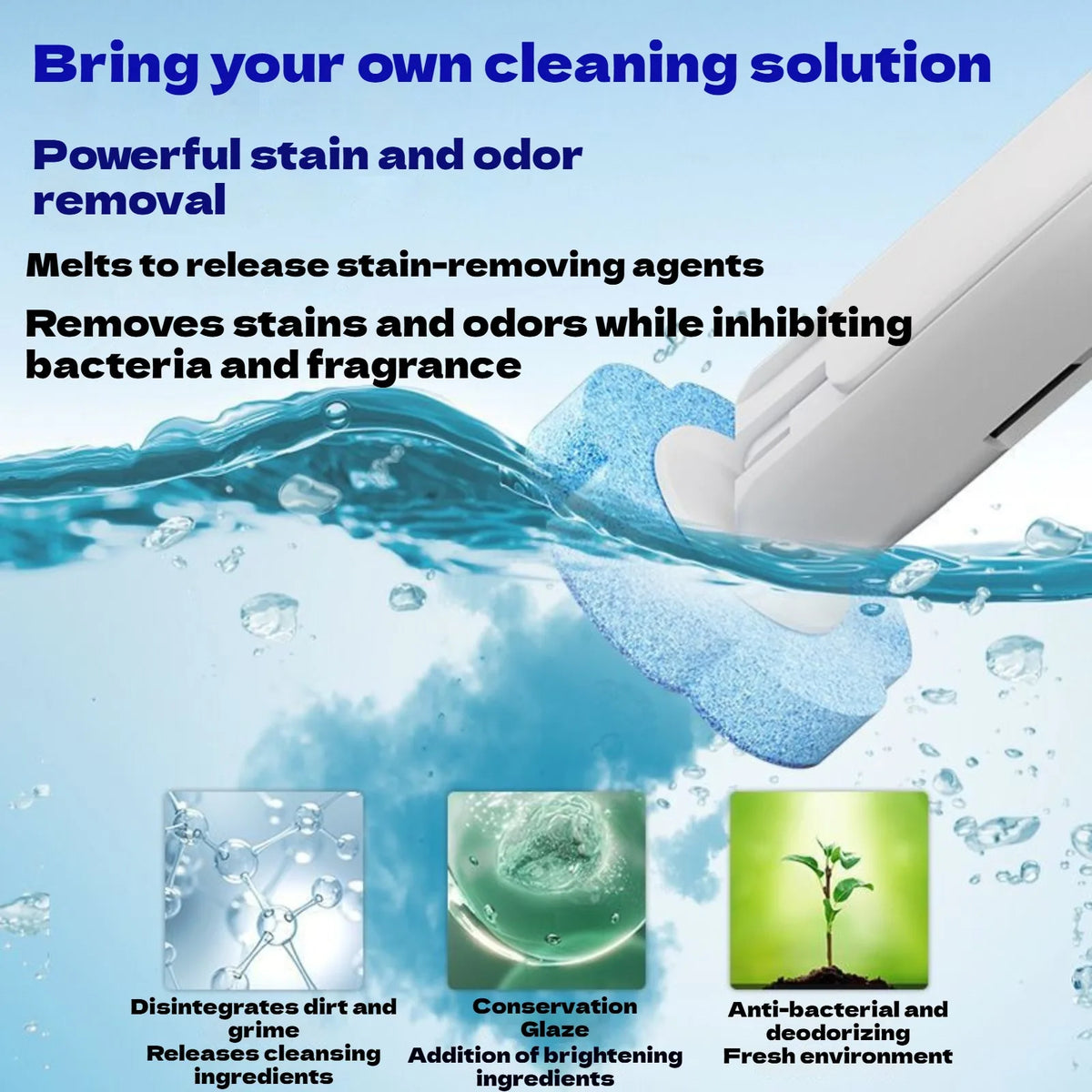 brosse toilette jetable blanc bleu texture granulée support transparent nettoyage moderne pratique