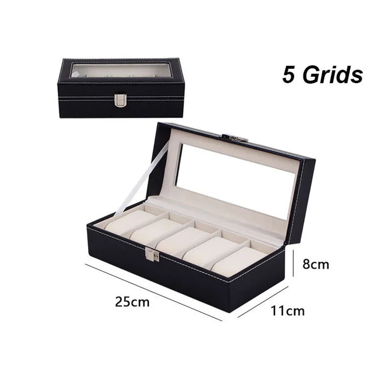 boîte rangement cuir noir montres bijoux élégante boutons fermeture moderne