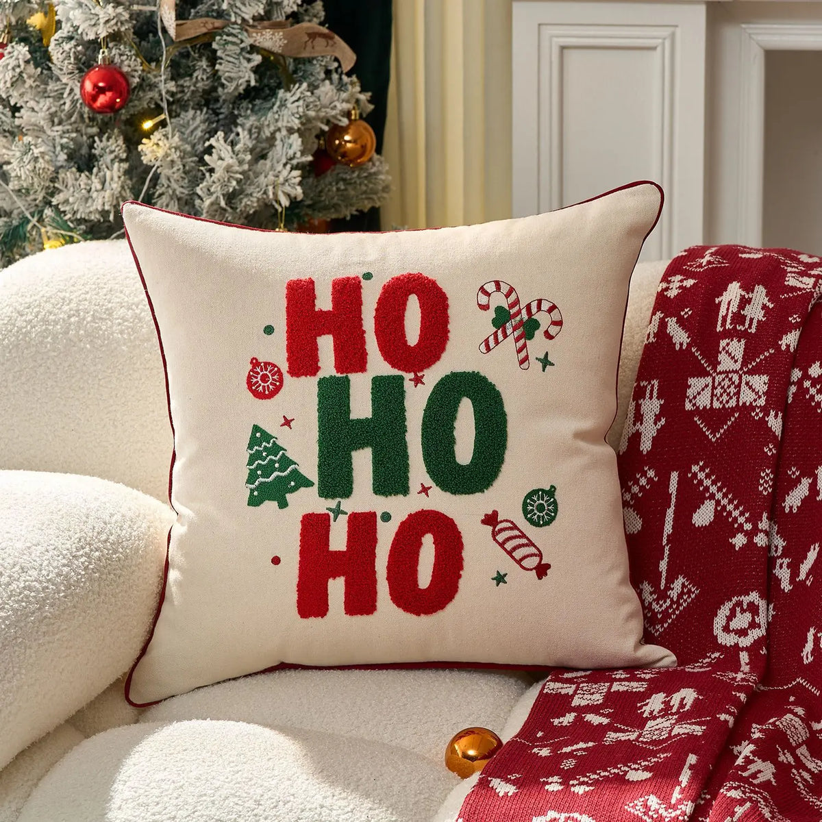 housse coussin noël brodée ho ho ho merry christmas rouge vert polyester coton respectueux