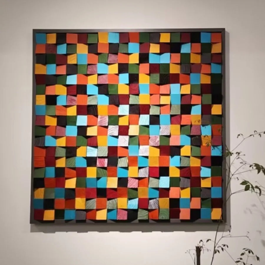 panneau mural décoratif 3d géométrique abstrait moderne triangles bois peints rouge orange Jaune Vert