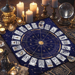 tableau astrologique zodiacal tarot solaire lunaire mystique noir doré bleumarine symbols religieux holidays