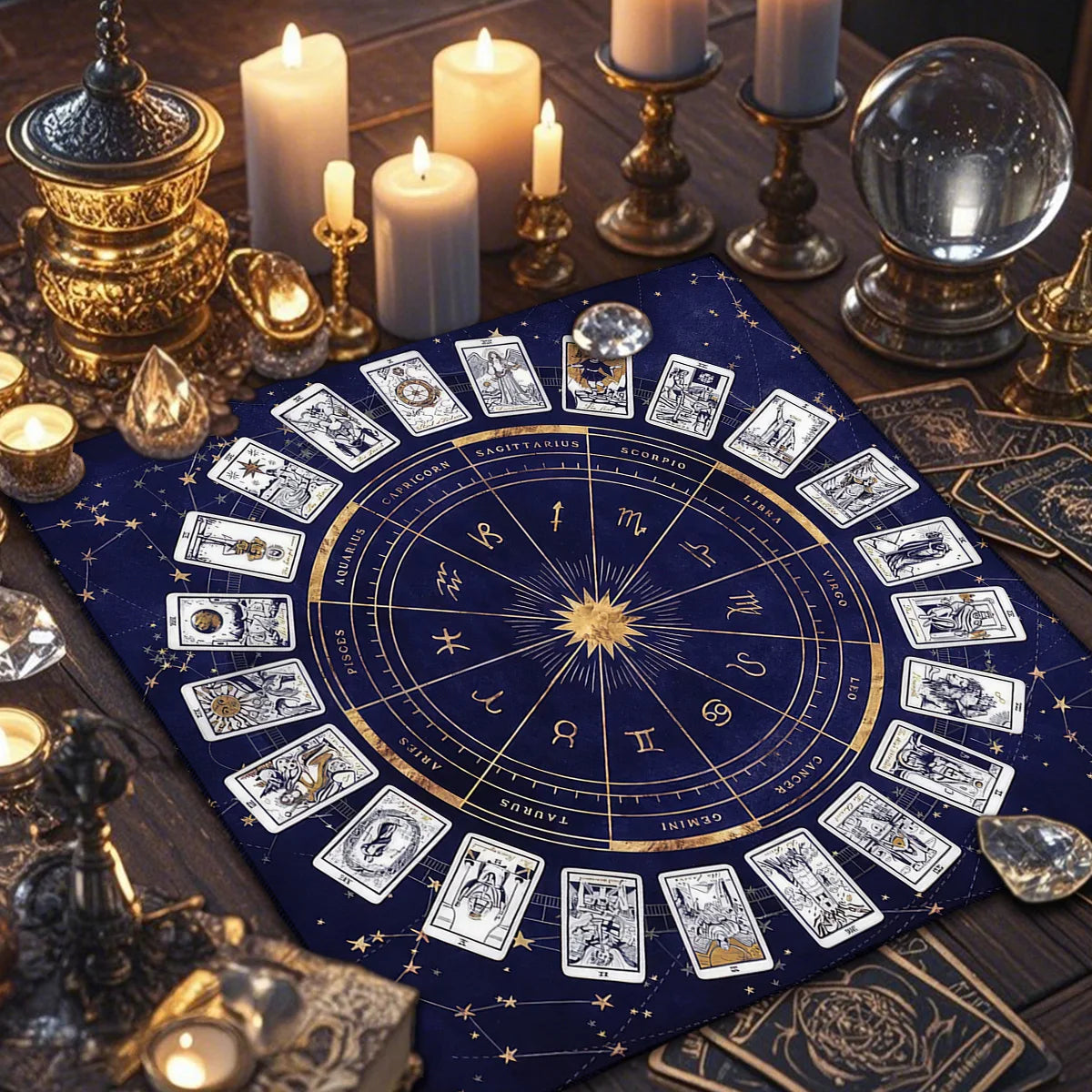 tableau astrologique zodiacal tarot solaire lunaire mystique noir doré bleumarine symbols religieux holidays