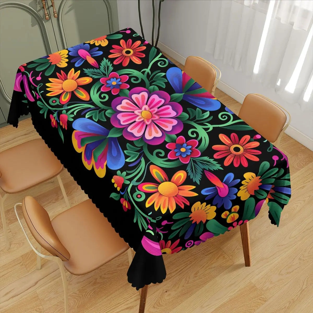 nappe table rectangulaire jour morts fleurs colorées polyester moderne noire festive rouges orangées jaunes