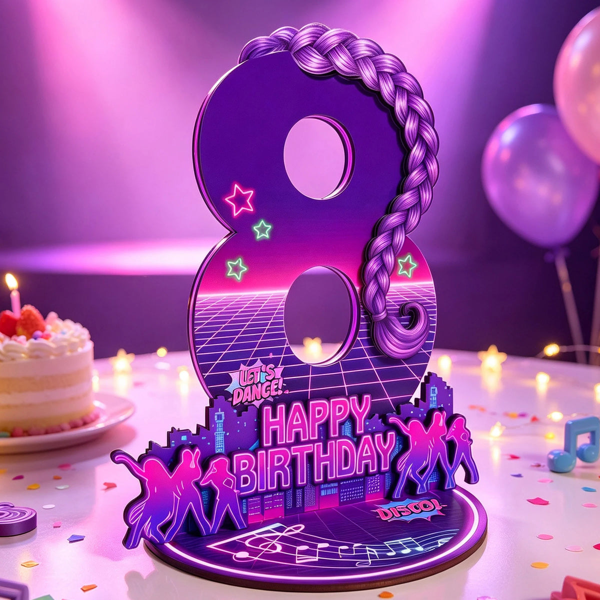décoration anniversaire enfant années 80 disco numérotée violet rose magenta jaune