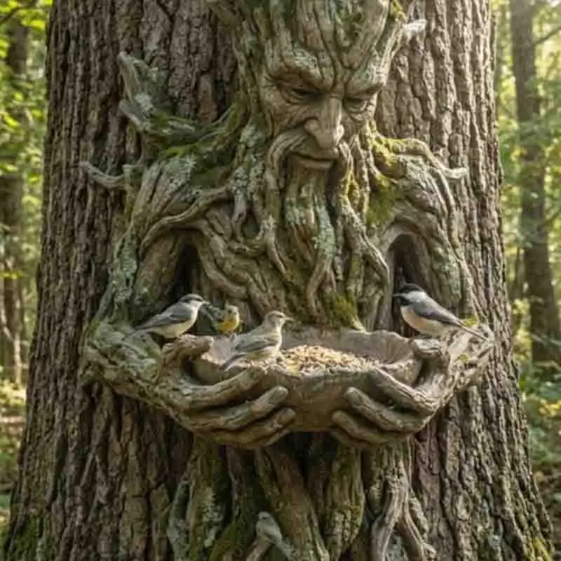 mangeoire oiseaux sculpture arbre bois sculpté main verte brune grise noireextérieur jardin décoration naturelle