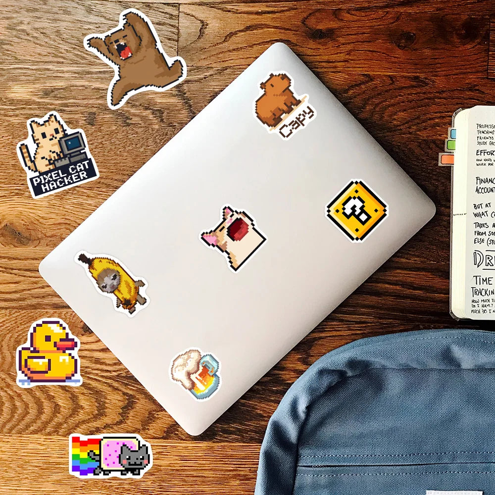 Stickers vinyle imperméables pixel art animaux multicolores adhésifs usage unique adultes adolescents