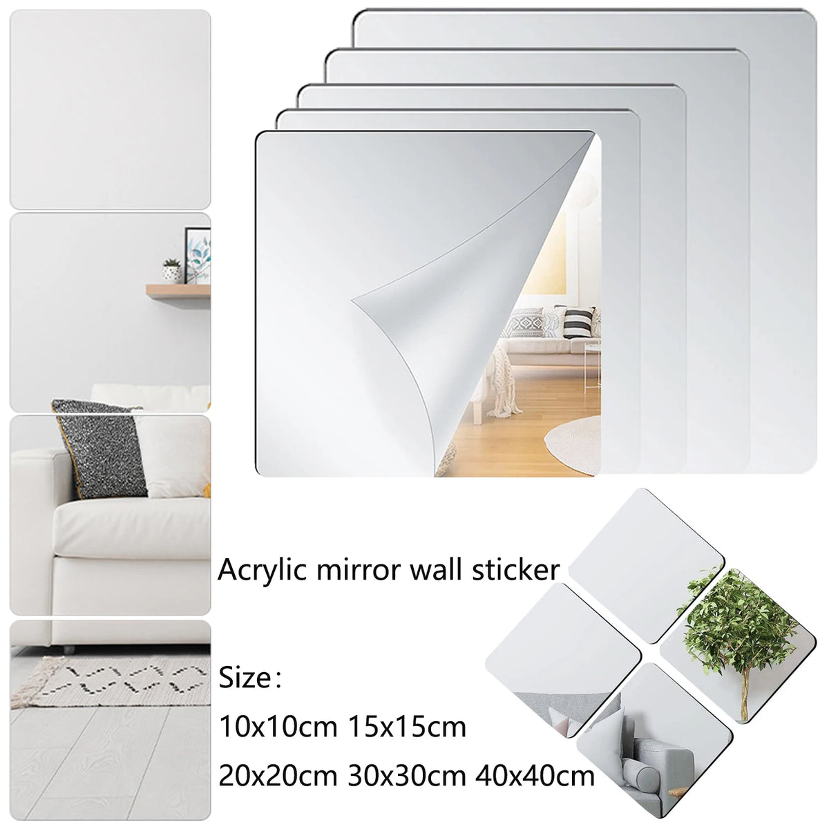 miroirs acrylique carrés transparents moderne adhésifs papier protecteur 10x10cm 15x15cm 20x20cm 30x30cm 40x40cm