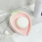 porte savon céramique forme fraise rose texture fraise feuilles vertes mignon decoratif blanc rouge