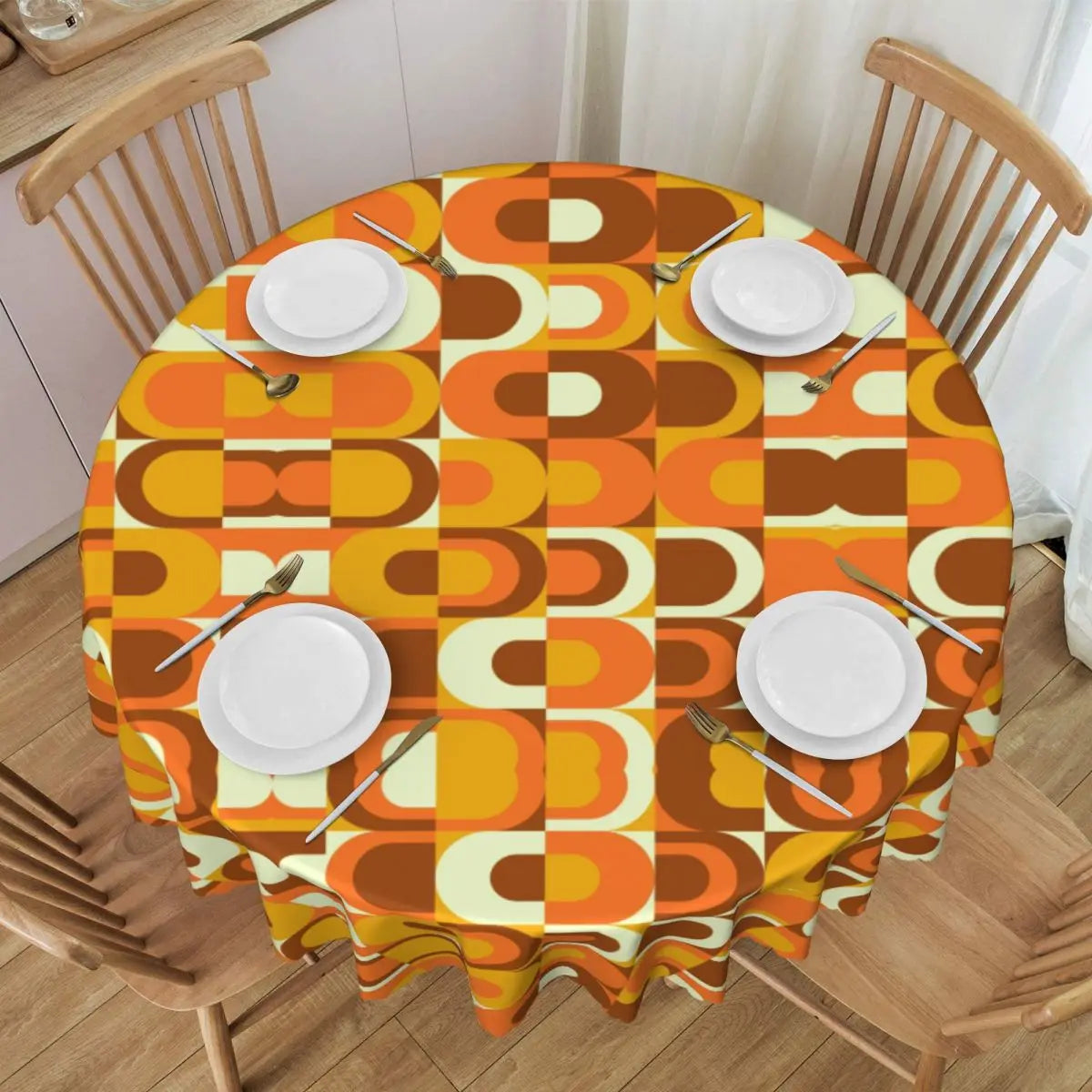 nappe table ronde moderne motif géométrique orange marron imperméable huile 152cm cuisine salle