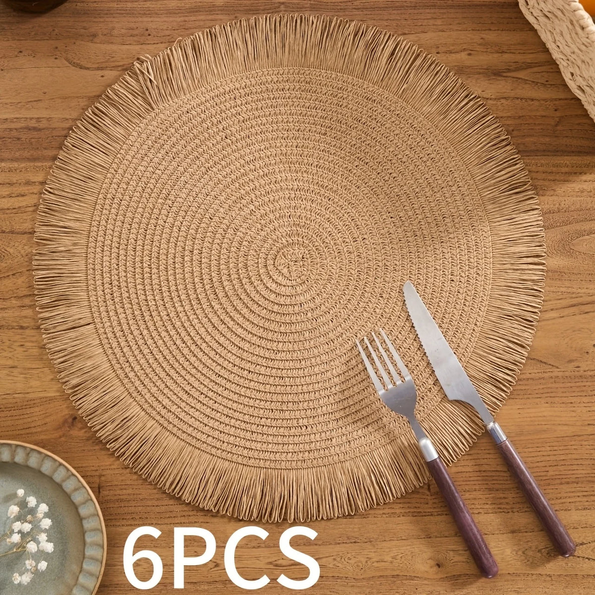 tapis table rustique boho chic spirale tissu franges beige rose bleu marine