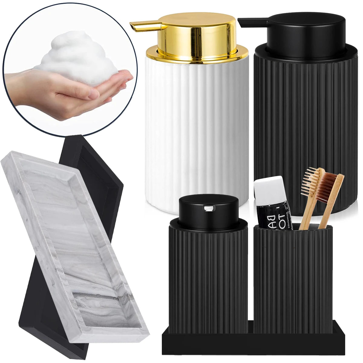 ensemble salle bain moderne distributeur savon noir pot brosses dent blanches pots produits toilette
