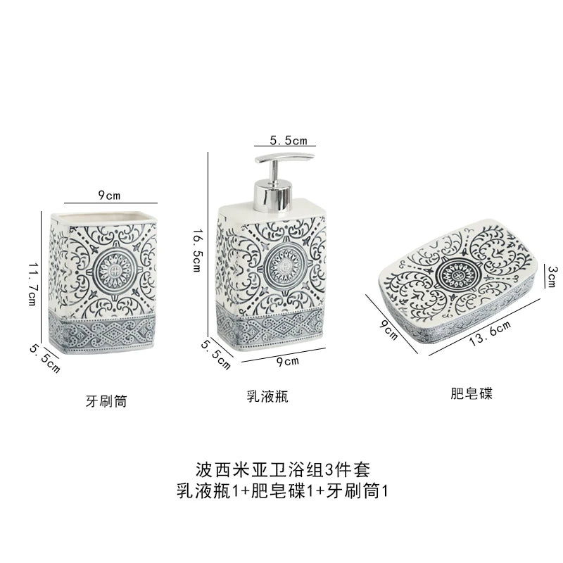 ensemble bain blanc noir ornements floraux pompe savon porte brosse dents porte savon classic