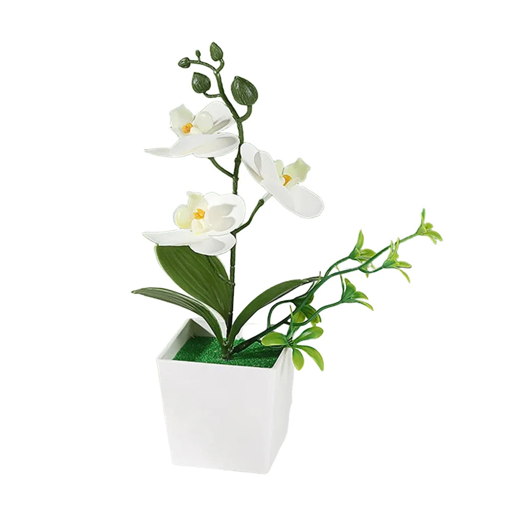décoration intérieure orchidée artificielle pot blanc fleurs simples feuilles vertes moderne