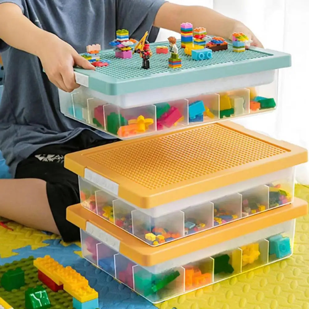 Boîte de rangement bleue avec plateau à compartiments amovible pour organisation Lego