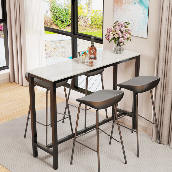 table haute moderne marbre blanc pieds métal noir tabourets minimaliste