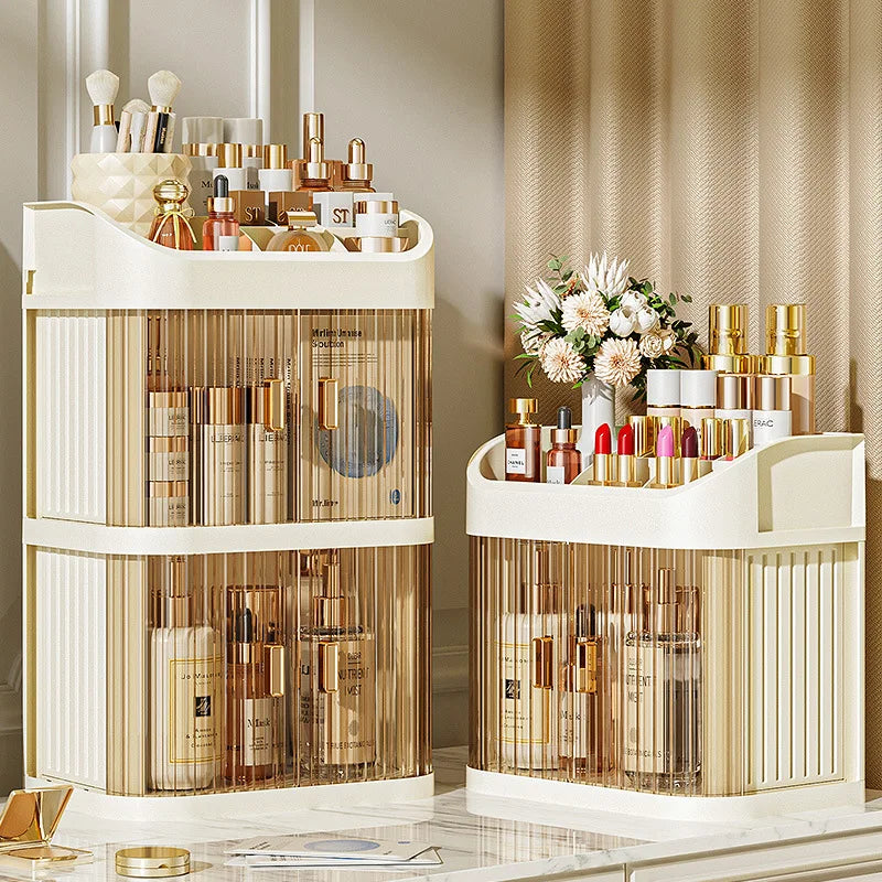 organisateur maquillage boîte rangement cosmétique moderne beige doré rayures élégant bouteilles pots flacons rouge