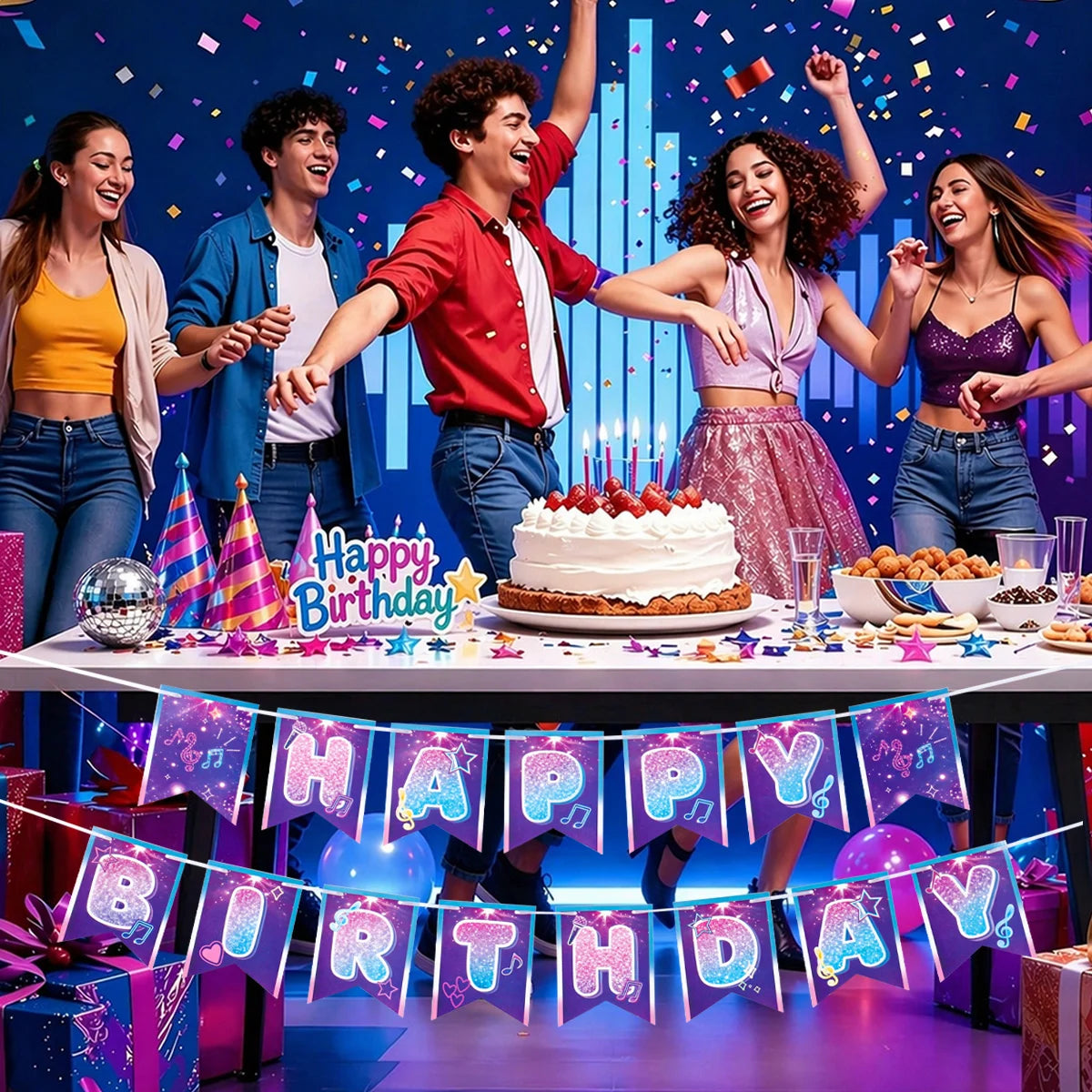 guirlande fanions violet bleu blanc rose étoiles notes musicales paillettes fil festif anniversaire enfant
