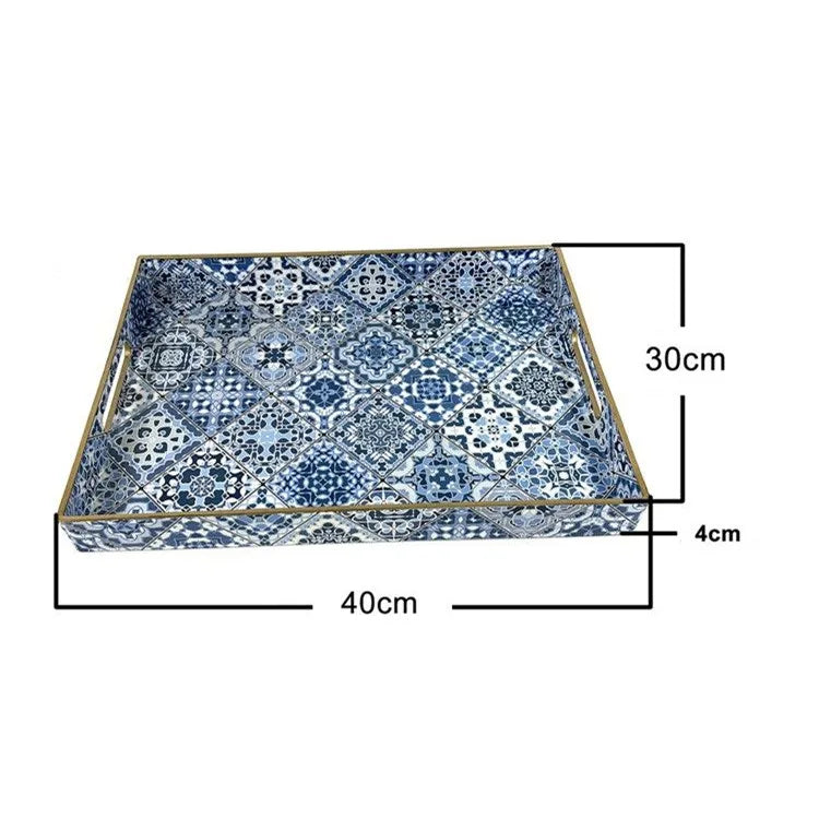 plateau rangement vintage plastique bleu marine motif floral poignées métalliques décoration intérieure classique