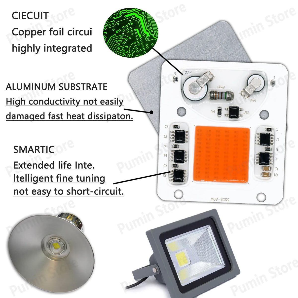 ampoule led cob 50w 3000k 4000k 6500k blanc orange jaune vert bleu rouge circuits