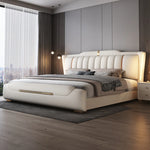 lit double simili cuir moderne beige gris pieds dorés tiroirs intégrés structure bois