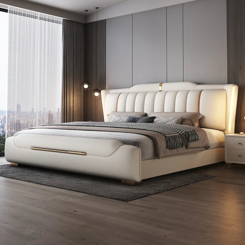 lit double simili cuir moderne beige gris pieds dorés tiroirs intégrés structure bois
