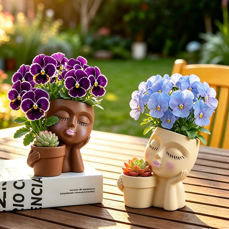 cache pot visage stylisé marron beige plante succulente moderne créatifintérieur décoration pot fleur unique