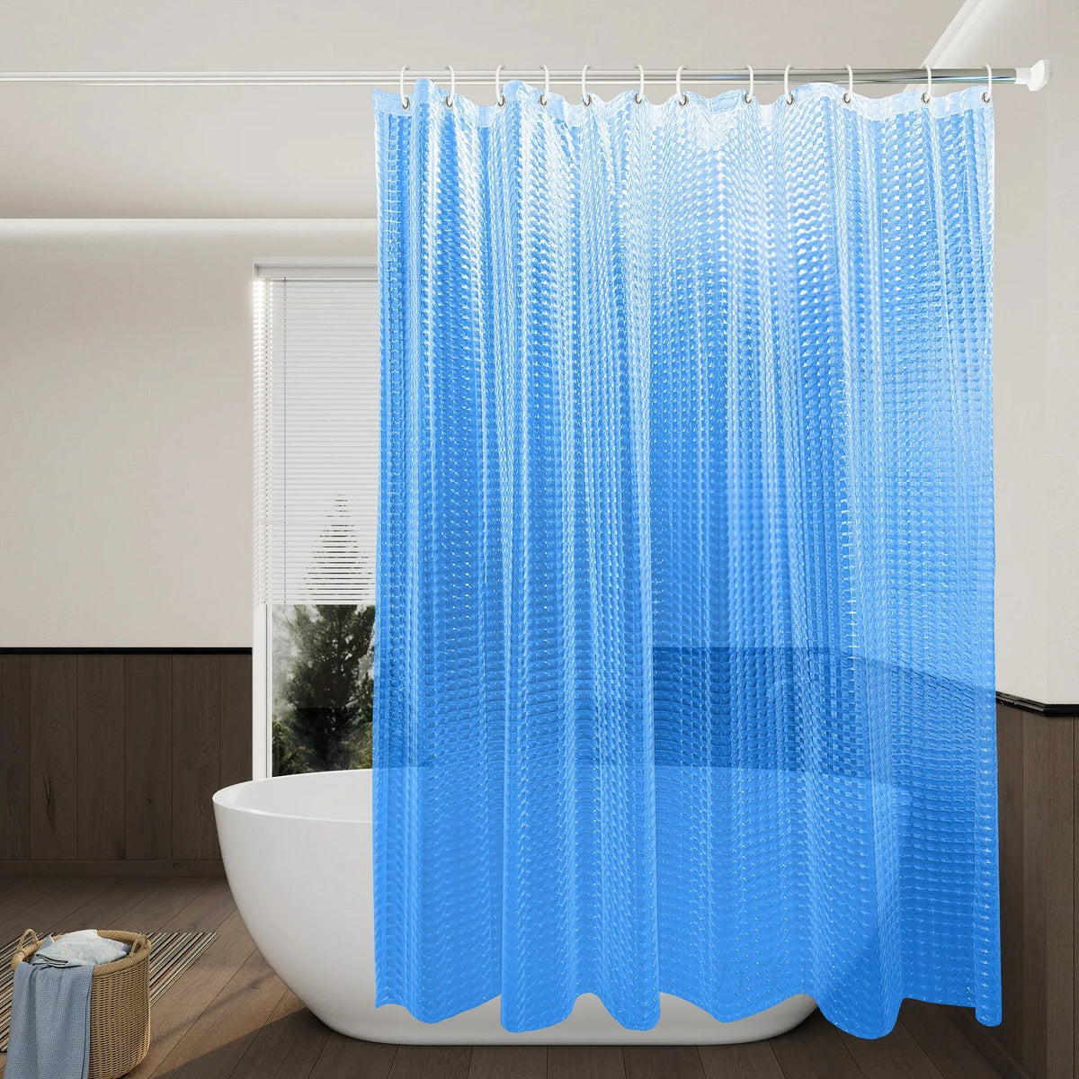 rideau douche moderne éva texturé géométrique blanc bleu vert violet anneaux