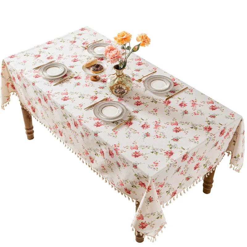 nappe table rectangulaire coton fleurs pompons bordure décorative pastoral maison mariage