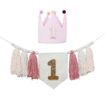 couronne bannière anniversaire fille rose fleurs pompons chiffre décoration fête enfant boho