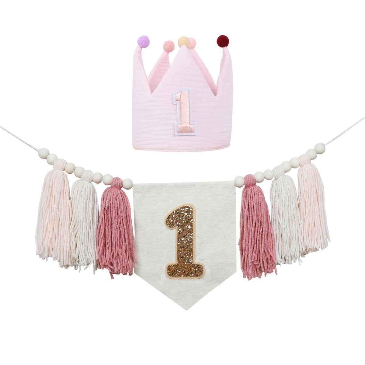 couronne bannière anniversaire fille rose fleurs pompons chiffre décoration fête enfant boho