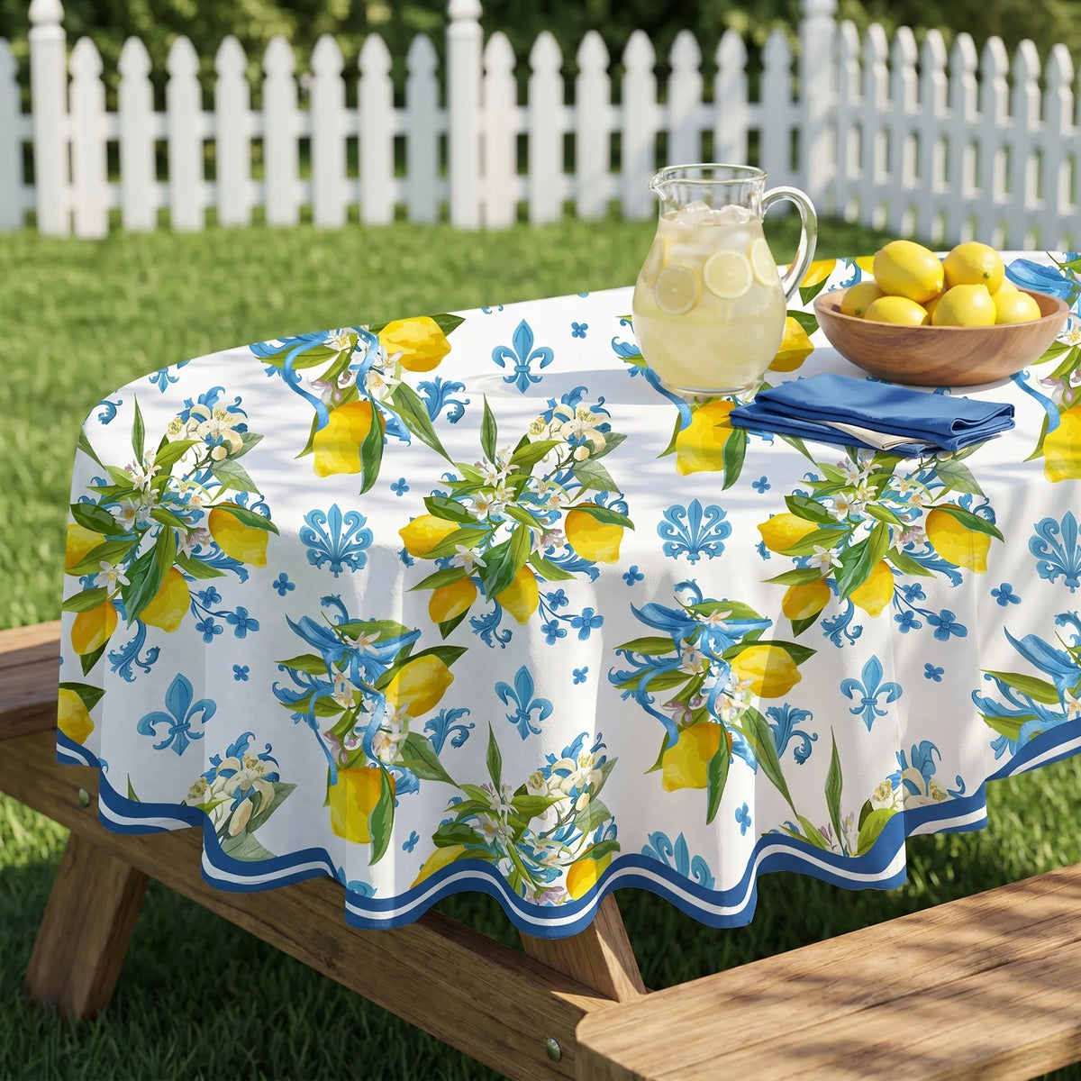 nappe table méditerranéenne motifs floraux citrons ronde rectangulaire printemps été mariage décoration provençale assiettes
